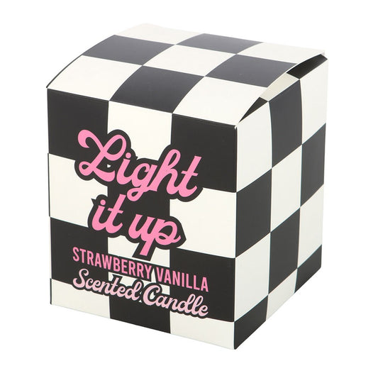 Strawberry vanilla candle box with checkerboard design and playful typography, perfect for alternative decor.