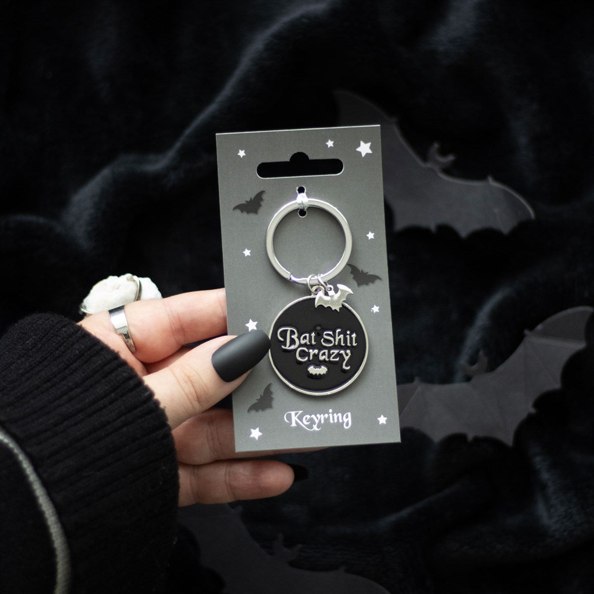 Gothic Gifts Round Bat Sh*t Crazy Keyring - Kate's Clothing