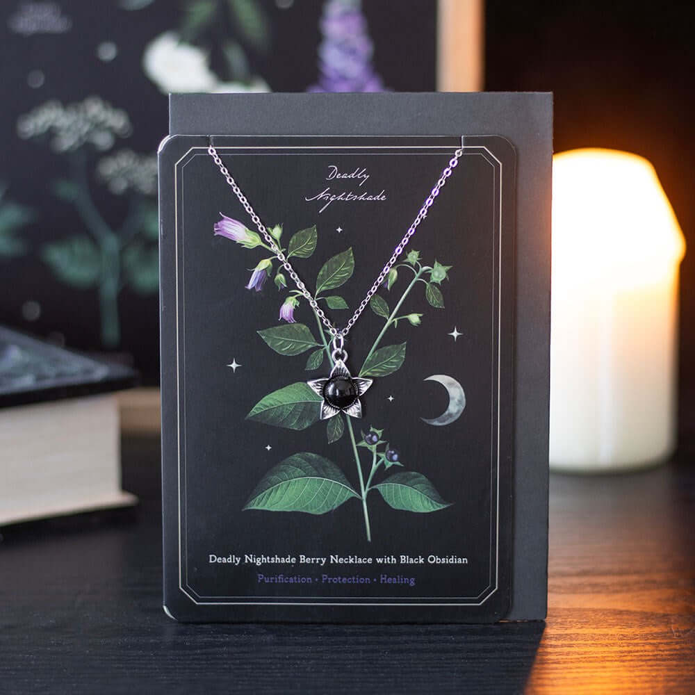 Gothic Gifts Deadly Nightshade Necklace with Black Obsidian on Greeting Card