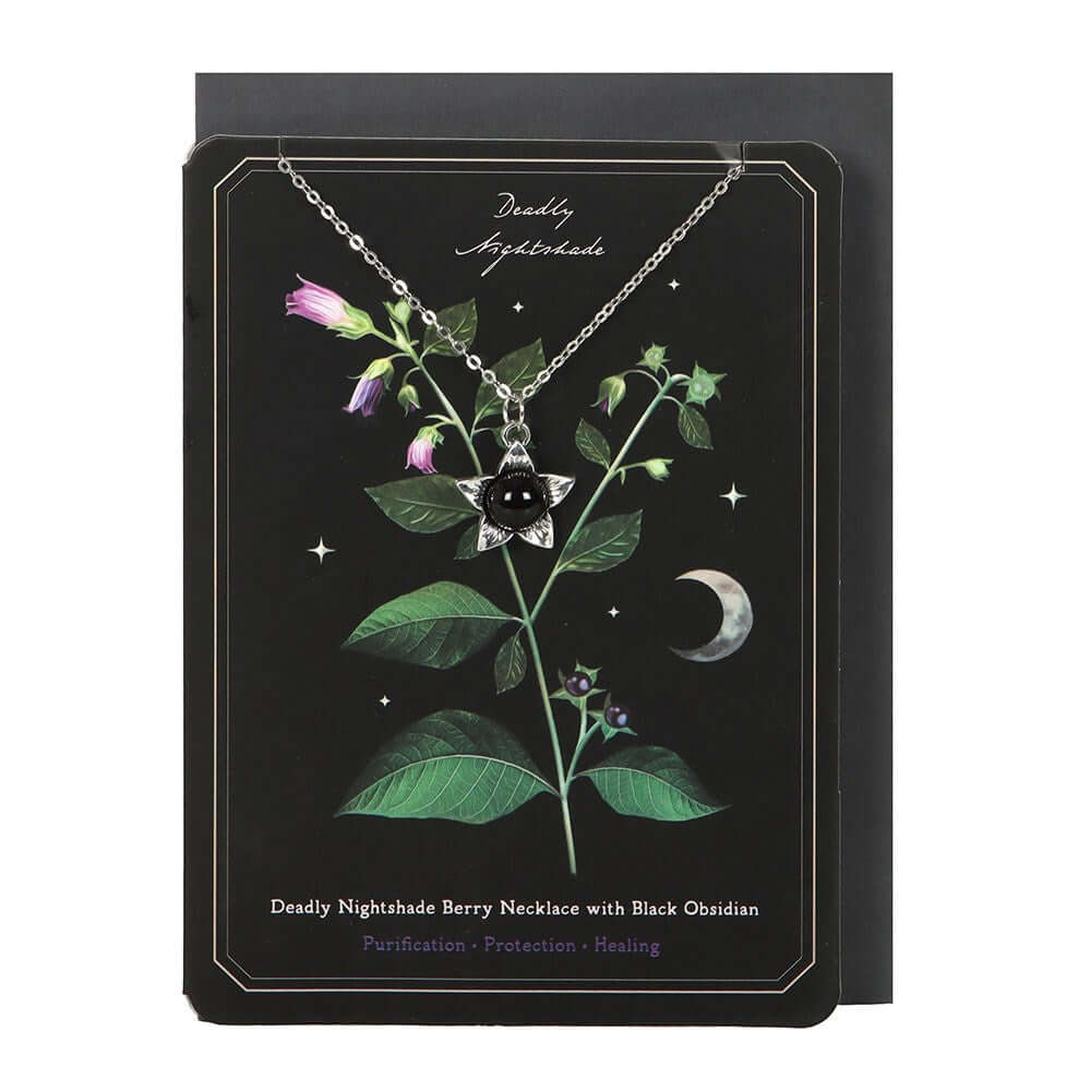 Gothic Gifts Deadly Nightshade Necklace with Black Obsidian on Greeting Card