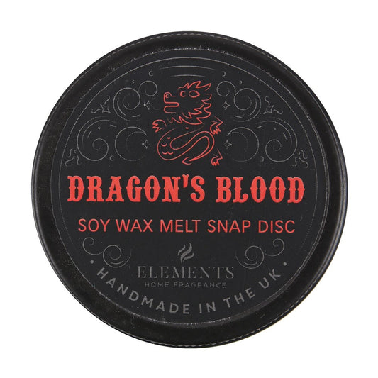 Dragon's Blood soy wax melt snap disc with red text on a black background