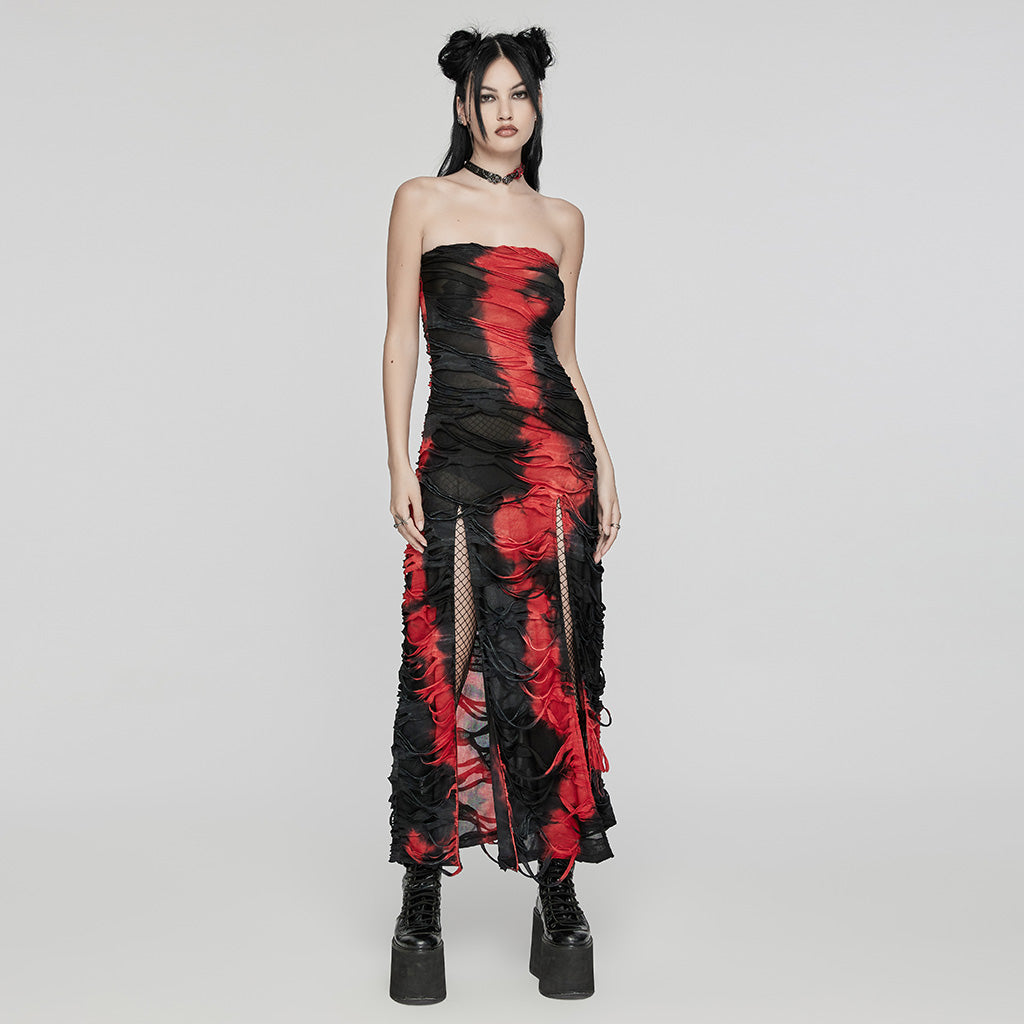 Punk Rave Ebril Red and Black Distressed Look Maxi Dress - Kate's Clothing