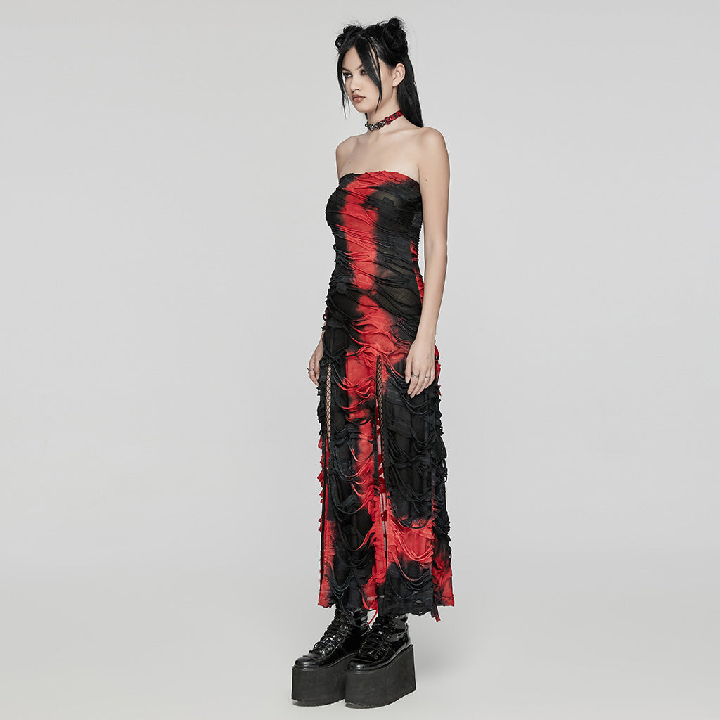 Punk Rave Ebril Red and Black Distressed Look Maxi Dress - Kate's Clothing