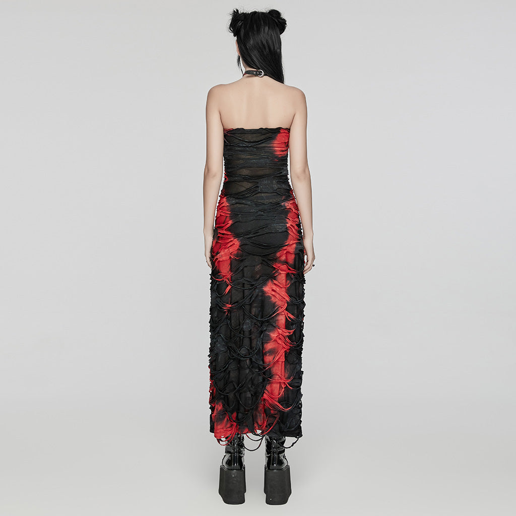 Punk Rave Ebril Red and Black Distressed Look Maxi Dress - Kate's Clothing