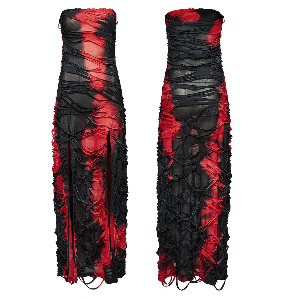Punk Rave Ebril Red and Black Distressed Look Maxi Dress - Kate's Clothing