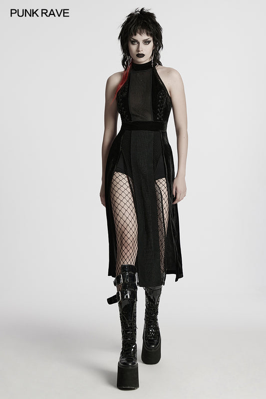 Punk Rave Selene Velvet Mesh High Slit Goth Dress In Black