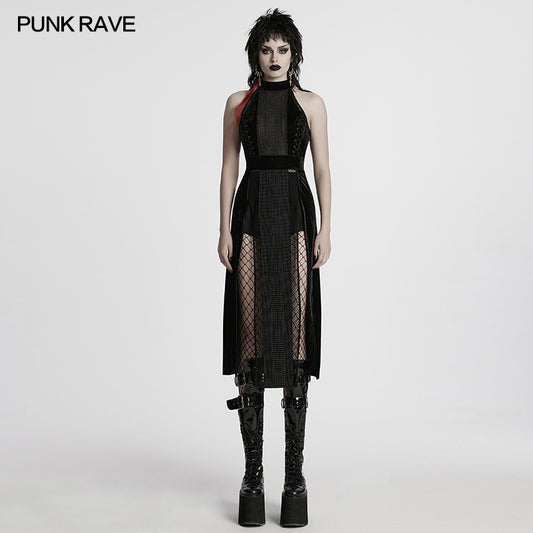 Punk Rave Selene Velvet Mesh High Slit Goth Dress In Black