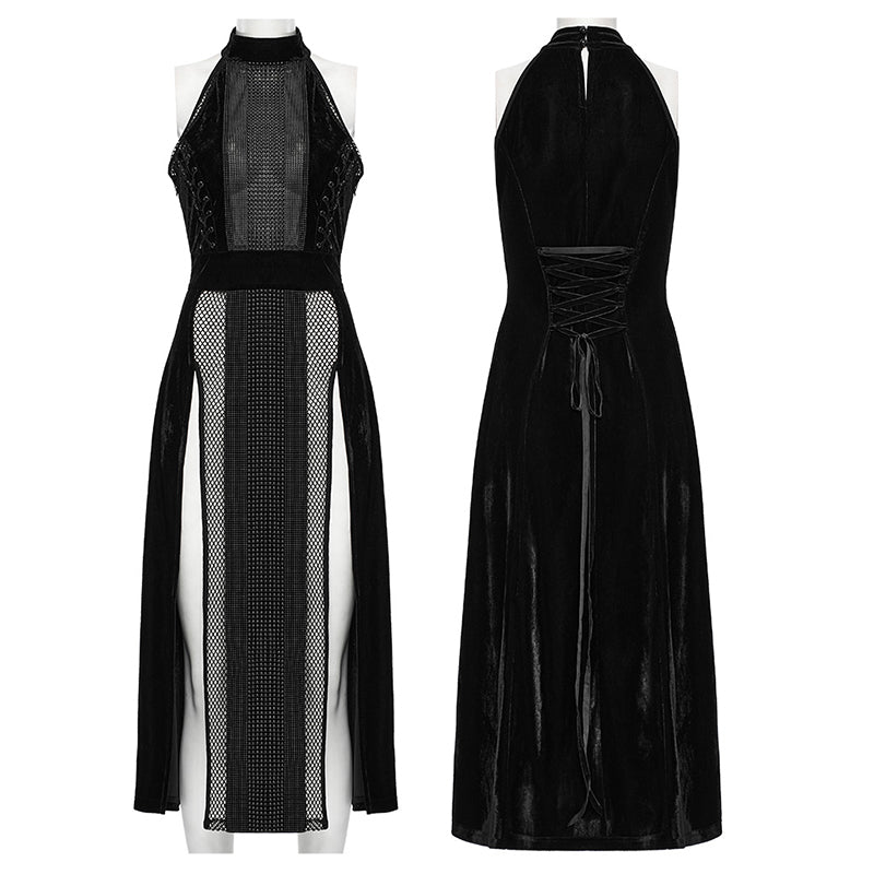 Punk Rave Black Velvet Mesh Slit Goth Dress