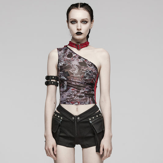 Punk Rave Red Printed Mesh Asymmetrical Luella Top - Kate's Clothing