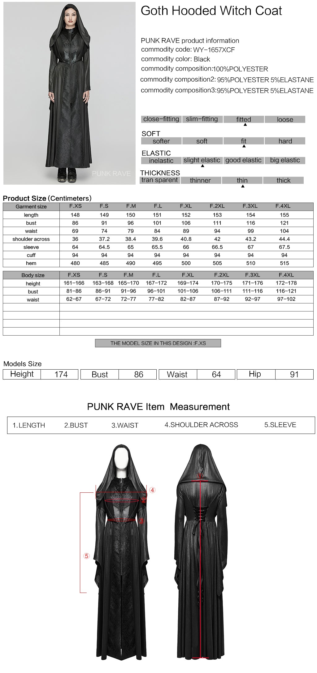 Punk Rave Benilde Gothic Witchy Hooded Full Length Jacket - Kate's Clothing