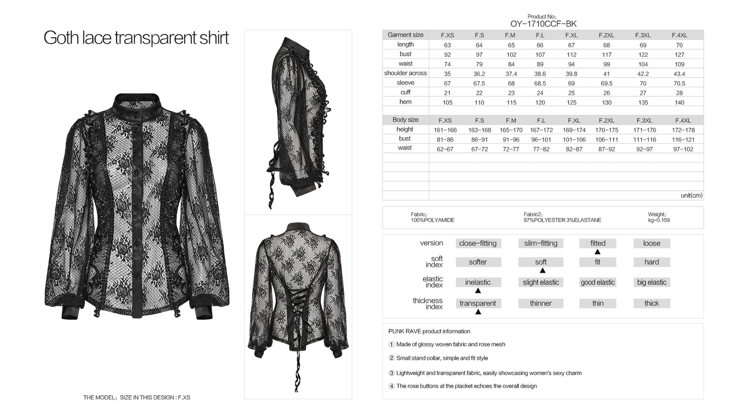 Punk Rave Padme Lace Transparent Shirt - Kate's Clothing