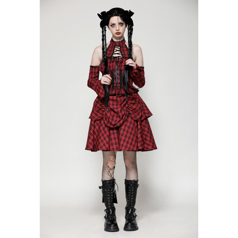 Dark in Love Rosalind Black and Red Tartan Cold Shoulder Halterneck Dress - Kate's Clothing