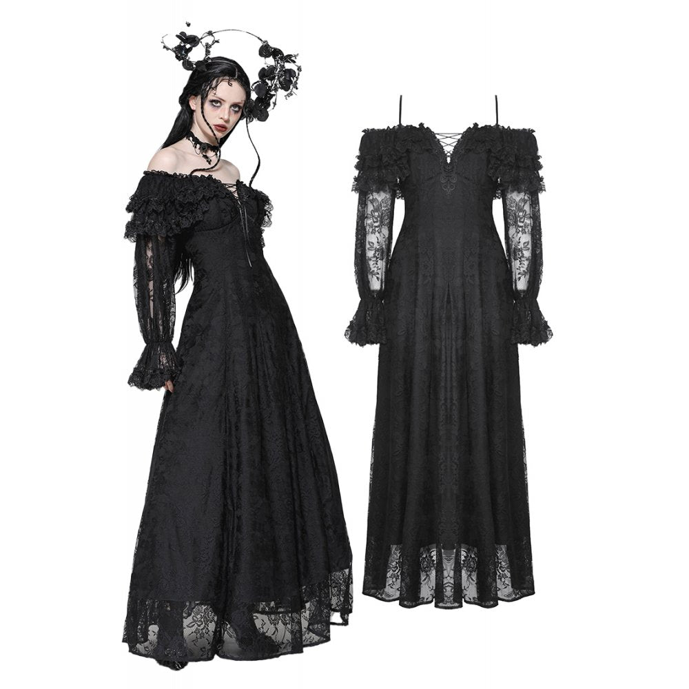 Dark in Love Cosette Elegant Gothic Off-Shoulder Ruffle Maxi Dress - Kate's Clothing