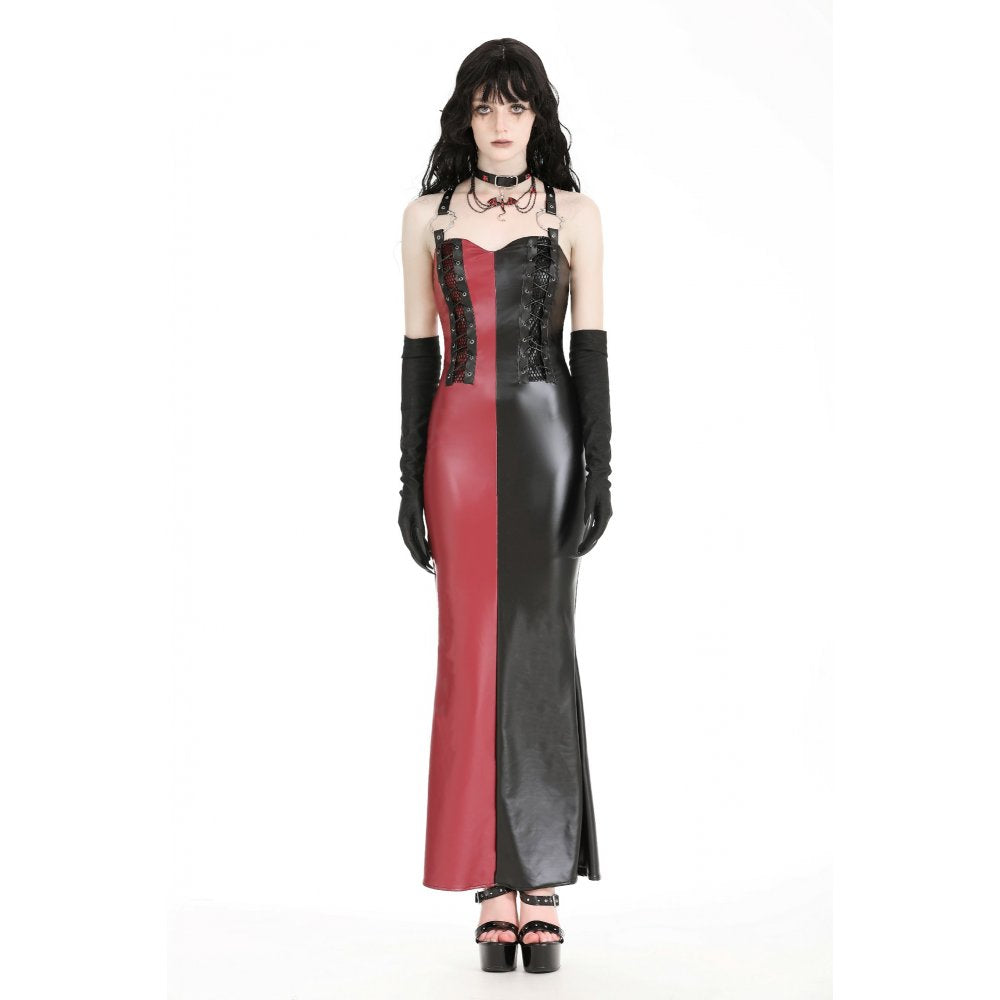 Dark in Love Ishtar Red and Black Split Faux Leather Maxi Dress - Kate's Clothing