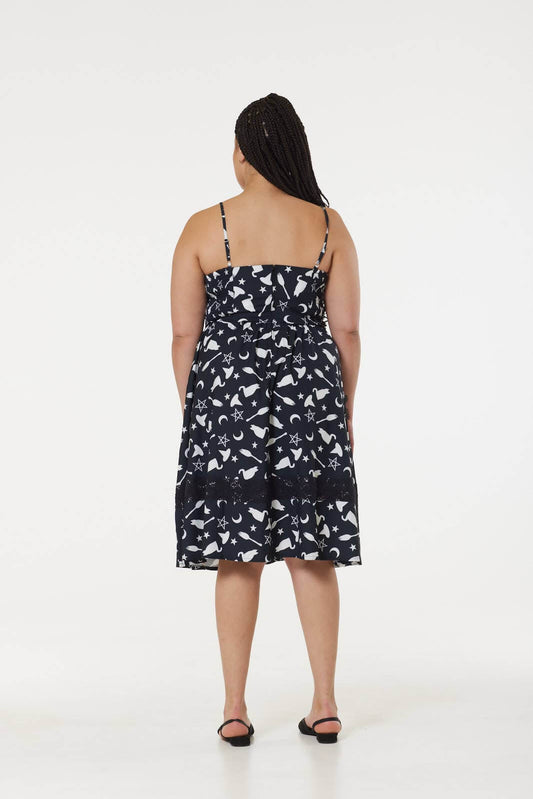 Alternative Midi Fit&Flare Witch Print Dress with Lace hem