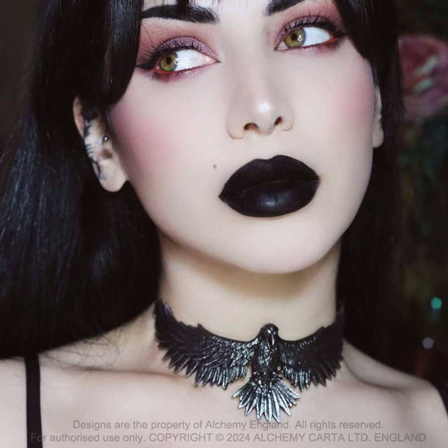 Alchemy Gothic Curse of Coronis raven pendant worn by model gothic statement necklace