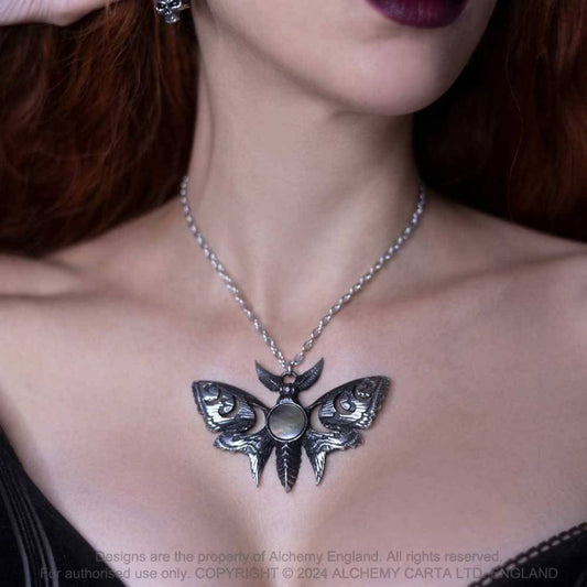 Alchemy Gothic Lunar Moth necklace worn by model celestial moth pendant with moon phase design