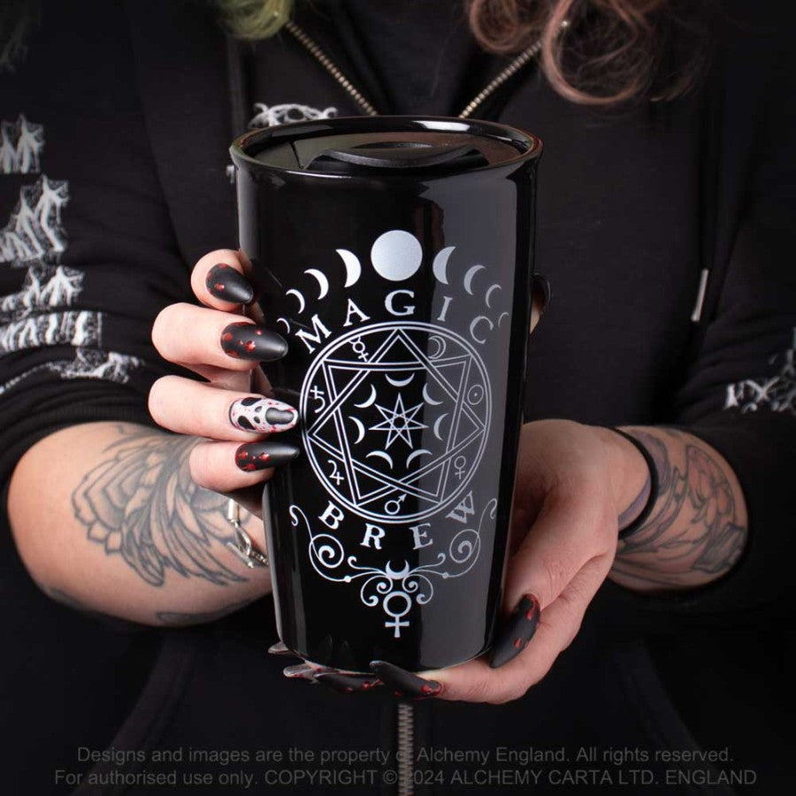 Alchemy Gothic Magic Brew ceramic travel mug occult symbol design gothic coffee cup