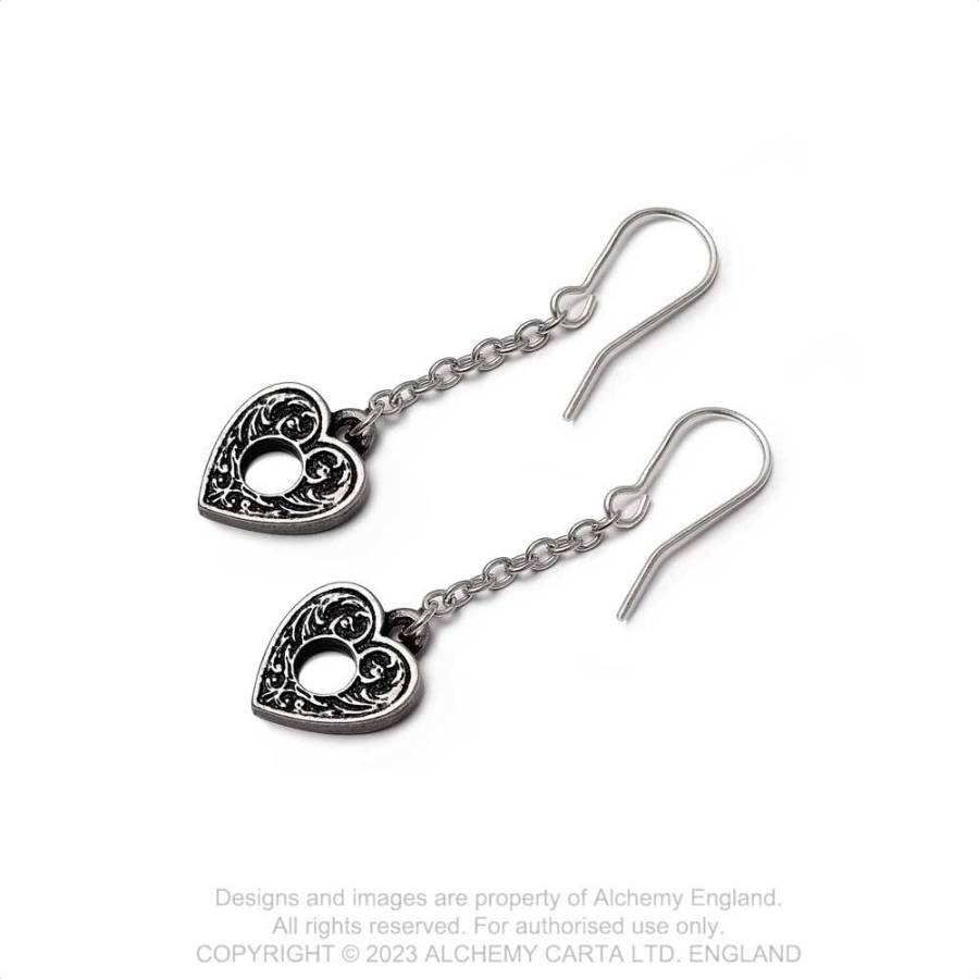 Alchemy Gothic Planchette Droppers earrings back view gothic planchette drop earrings with hook wires
