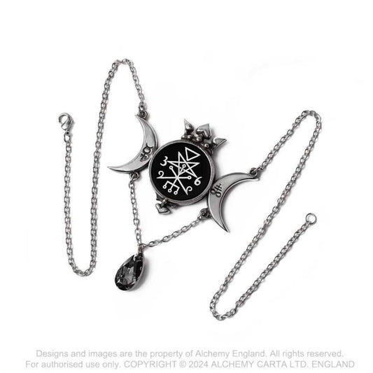 Alchemy Gothic Wycca Queen triple moon necklace pewter pendant with chain and clasp detail