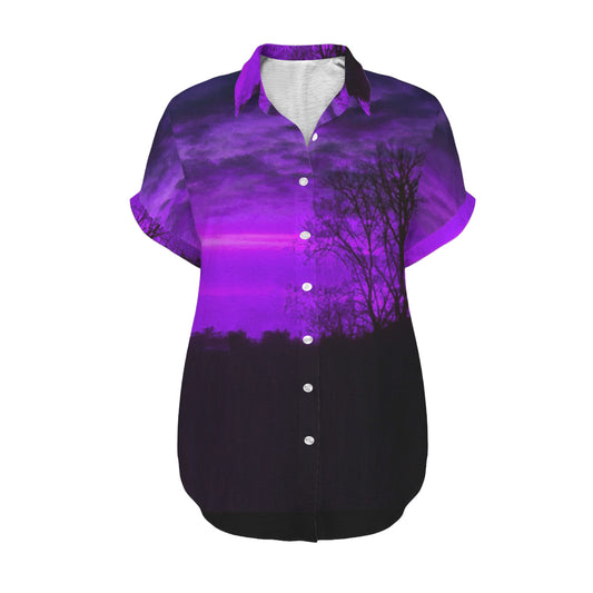 Front view of ANTIBrand 1999 Women’s Shirt with purple dusk artwork