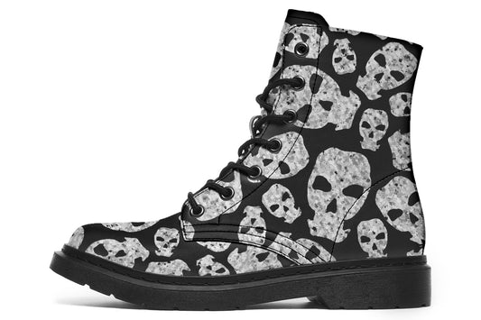 Side view of ANTIBrand Ashes to Ashes goth boots with white skull print