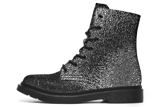 Close-up of chrome print detail on I Like My Metal Heavy boots by ANTIBrand