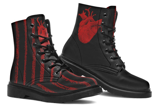 ANTIBrand Uncaged Heart goth combat boots in black and red