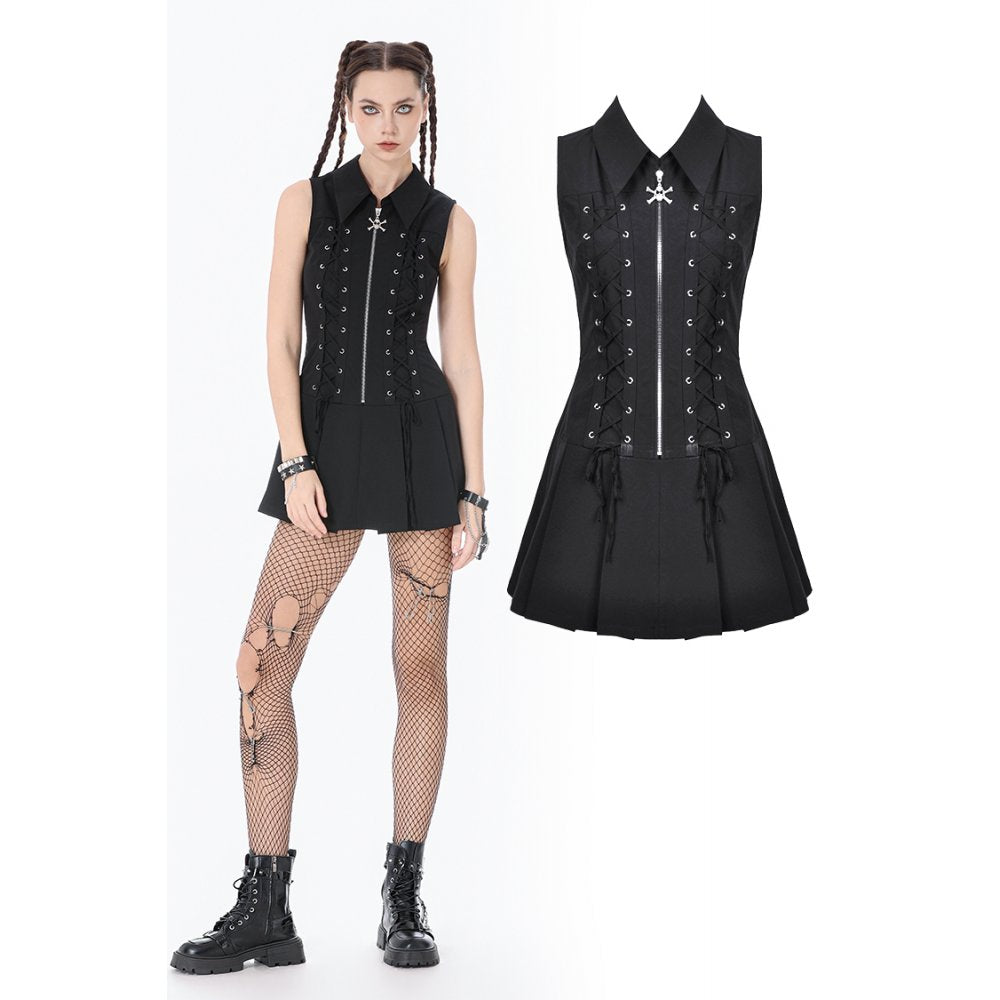 Dark in Love Valeria Gothic Corset Dress – Sleeveless Punk-Inspired Goth  Mini with Lace-Up Details, Zip Front & Pleated Skirt | Alternative Black  Dress