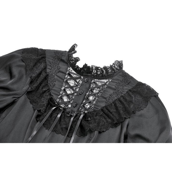 Dark in Love Belladonna Lace-Up High Collar Puff Sleeve Goth Dress in Black