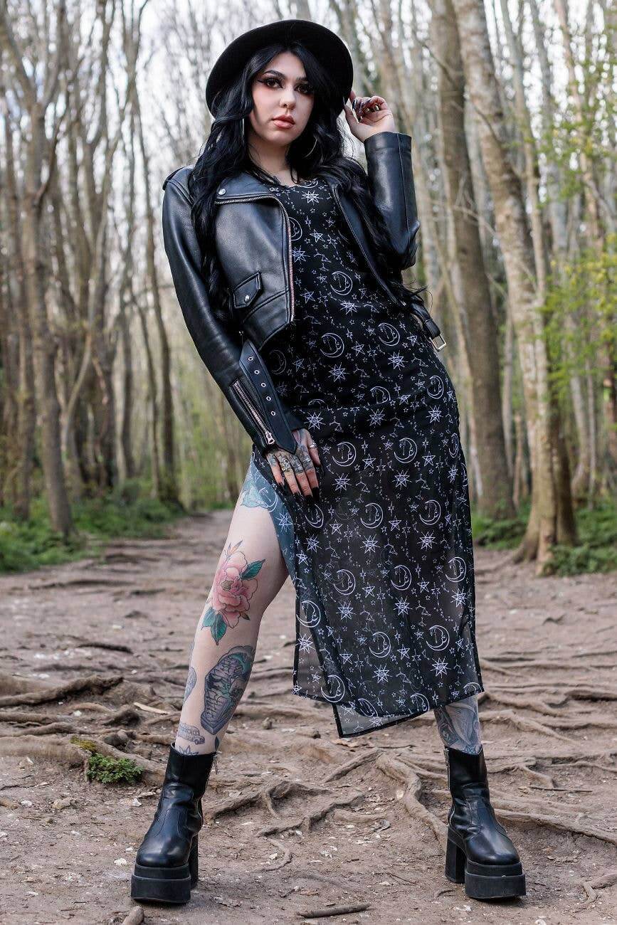 Alternative Moonprint Maxi Dress With Straps And Leg Split