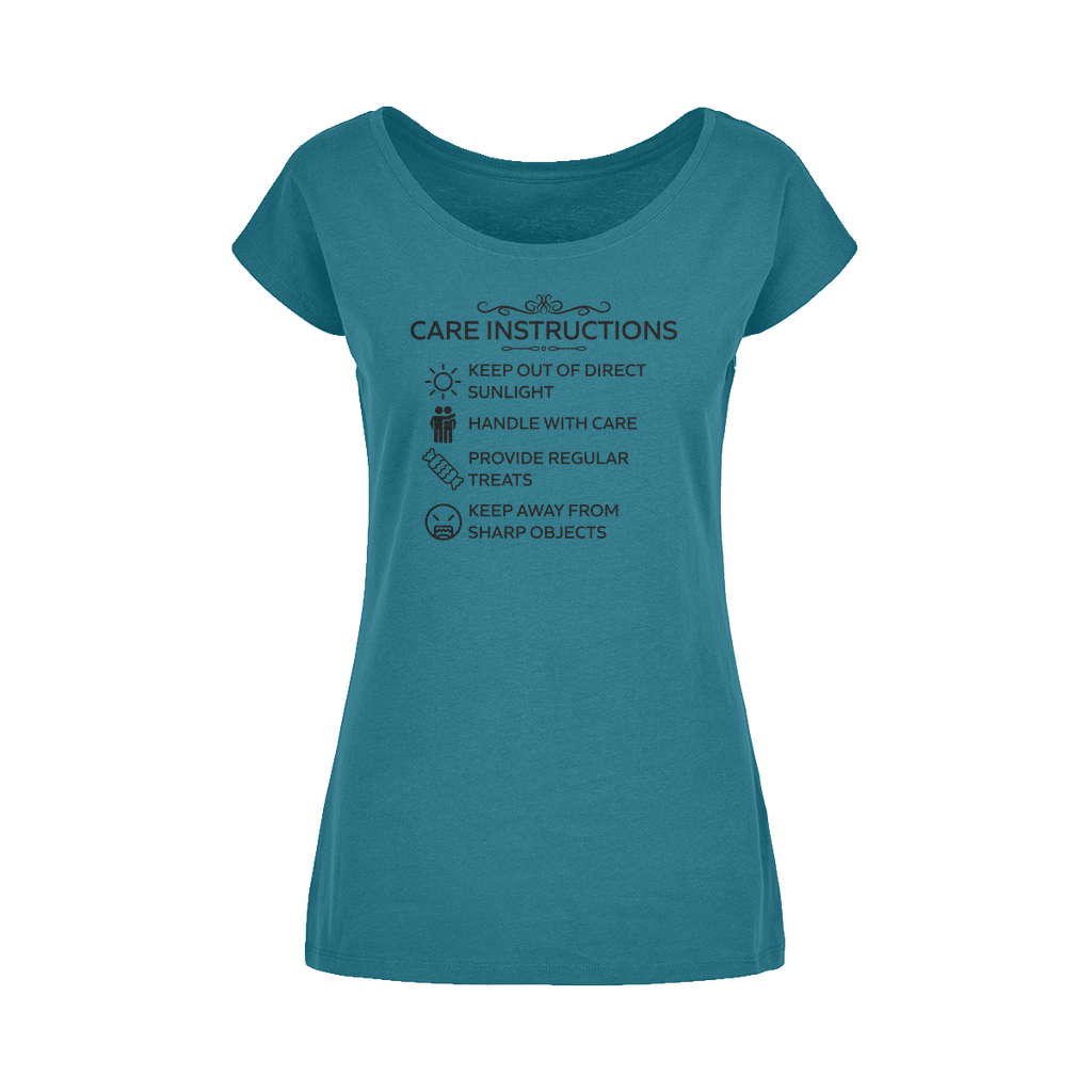Blue wide neck women's t-shirt with Care Instructions black print