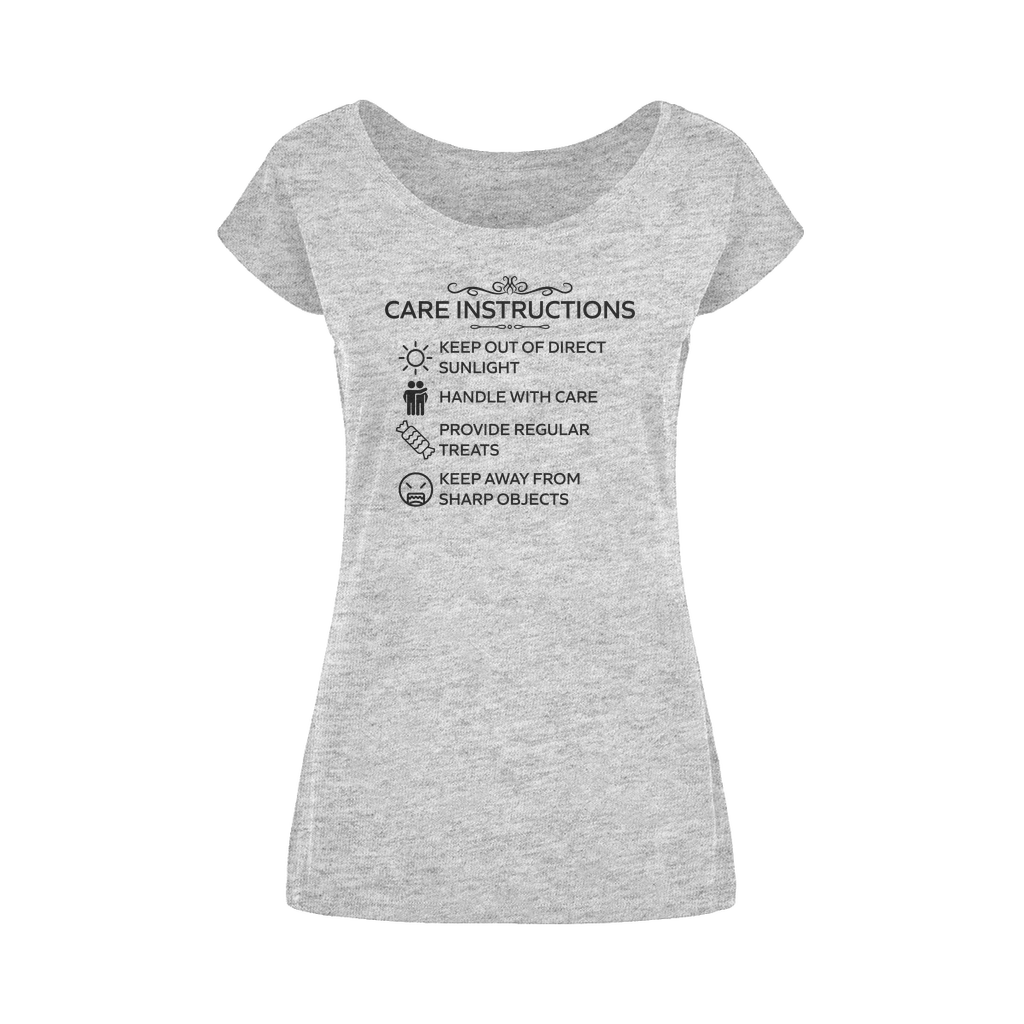 Grey wide neck women's t-shirt with Care Instructions black print