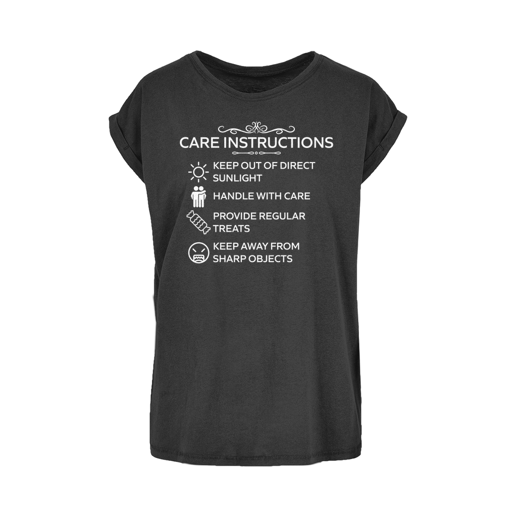 Women's extended shoulder tee with funny “Care Instructions” print
