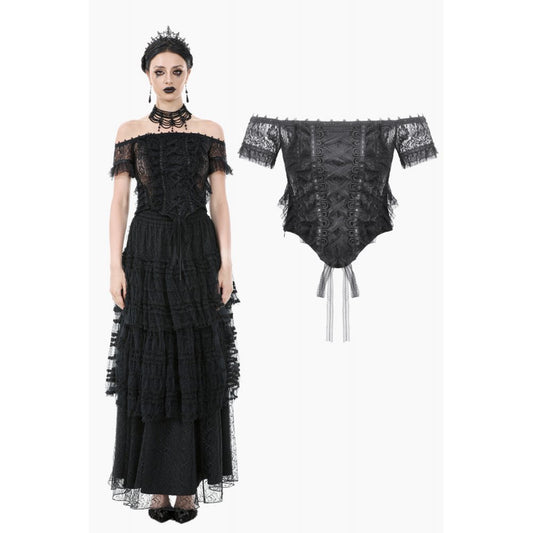 Dark in Love Ophelia Lace Off-Shoulder Gothic Bodysuit in Black