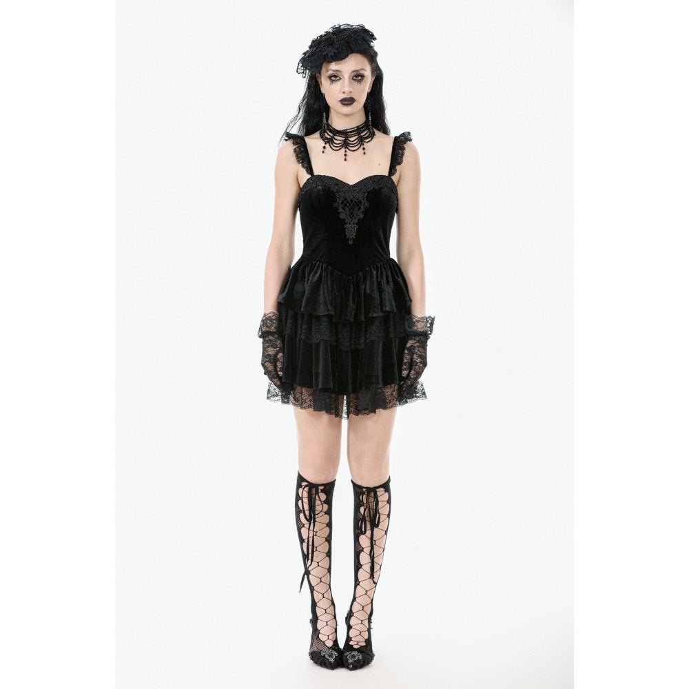 Dark in Love Nocturne Ruffled Velvet Lace Goth Dress in Black
