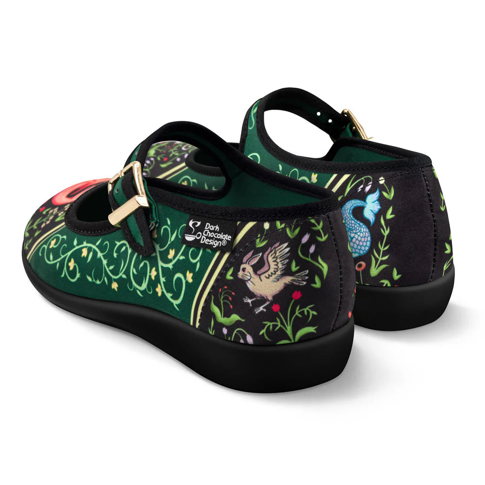 Chocolaticas Medieval Bestiary Mary Jane flats pair dragon unicorn medieval print shoes