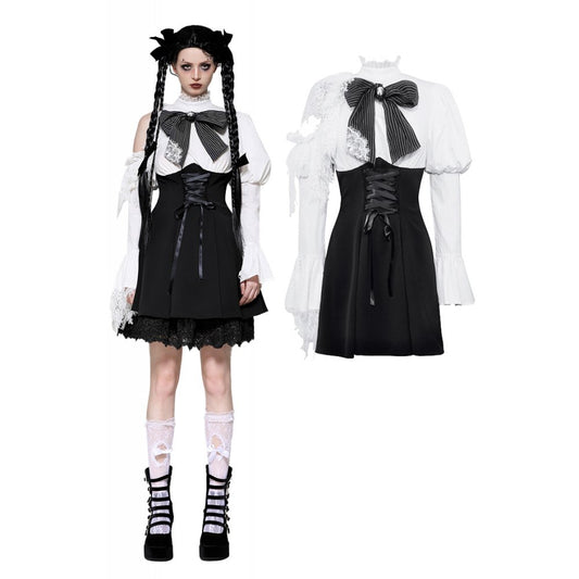 Dark in Love Aella Frozen Shoulder Effect Black and White Dress - Kate's Clothing