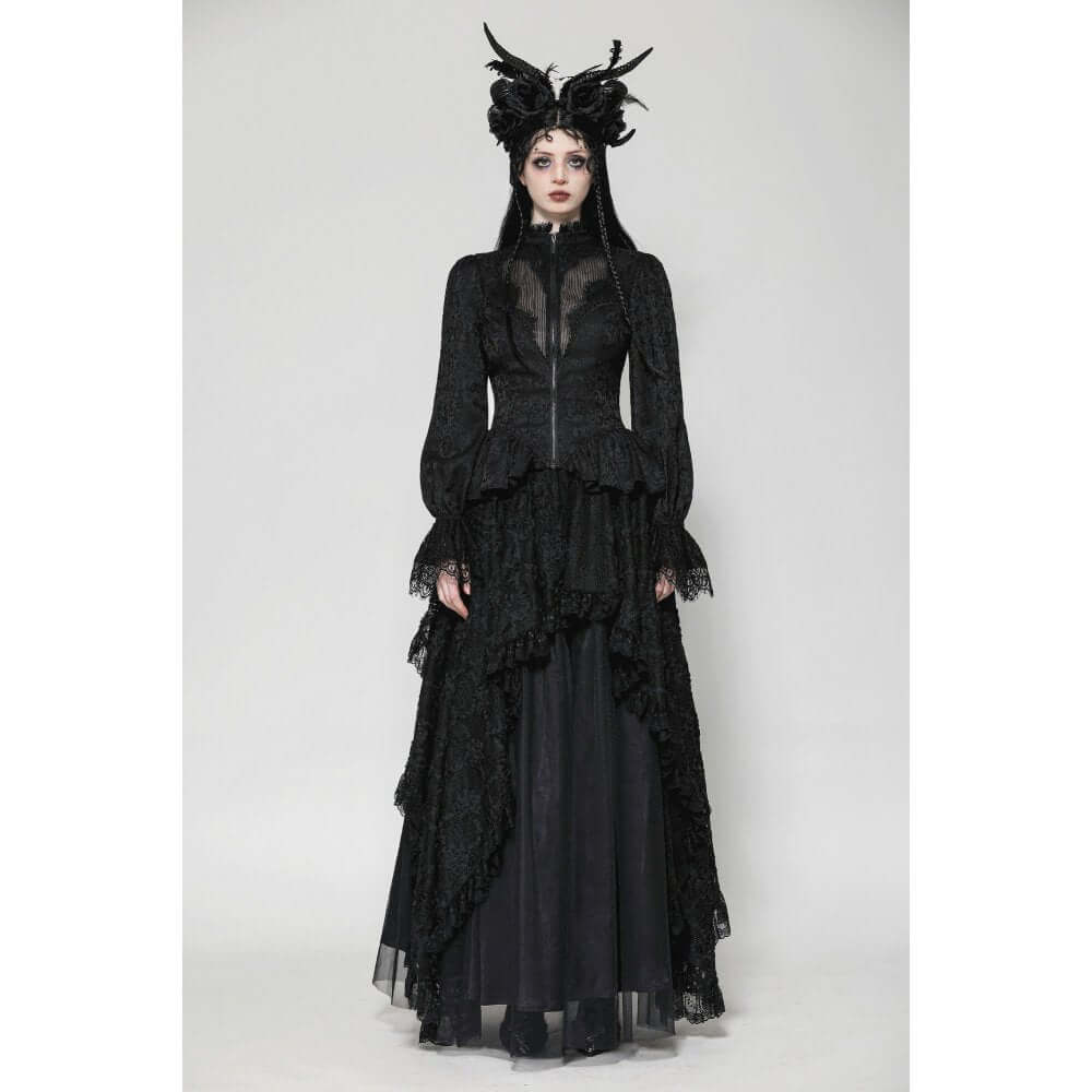 Dark in Love Felicity Gothic Lacey Zip Up Tailcoat Shirt - Kate's Clothing