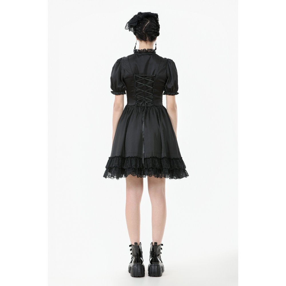 Dark in Love Belladonna Lace-Up High Collar Puff Sleeve Goth Dress in Black