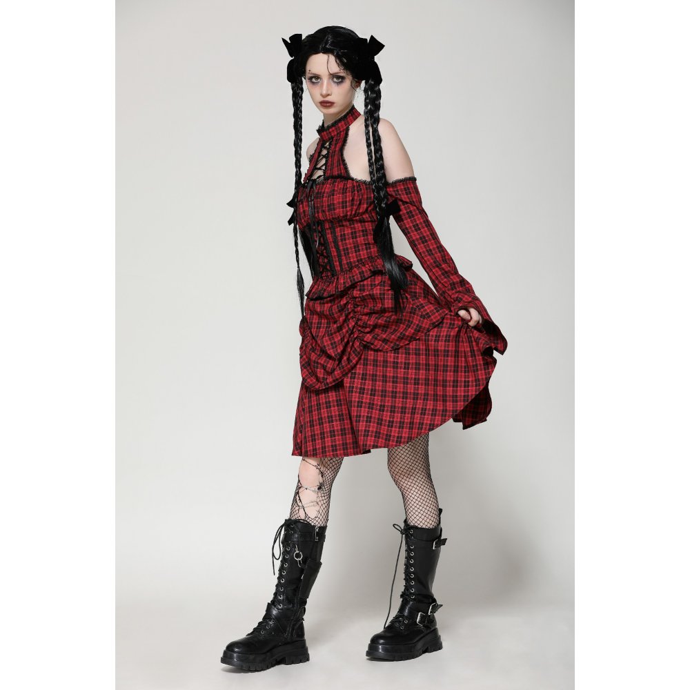 Dark in Love Rosalind Black and Red Tartan Cold Shoulder Halterneck Dress - Kate's Clothing