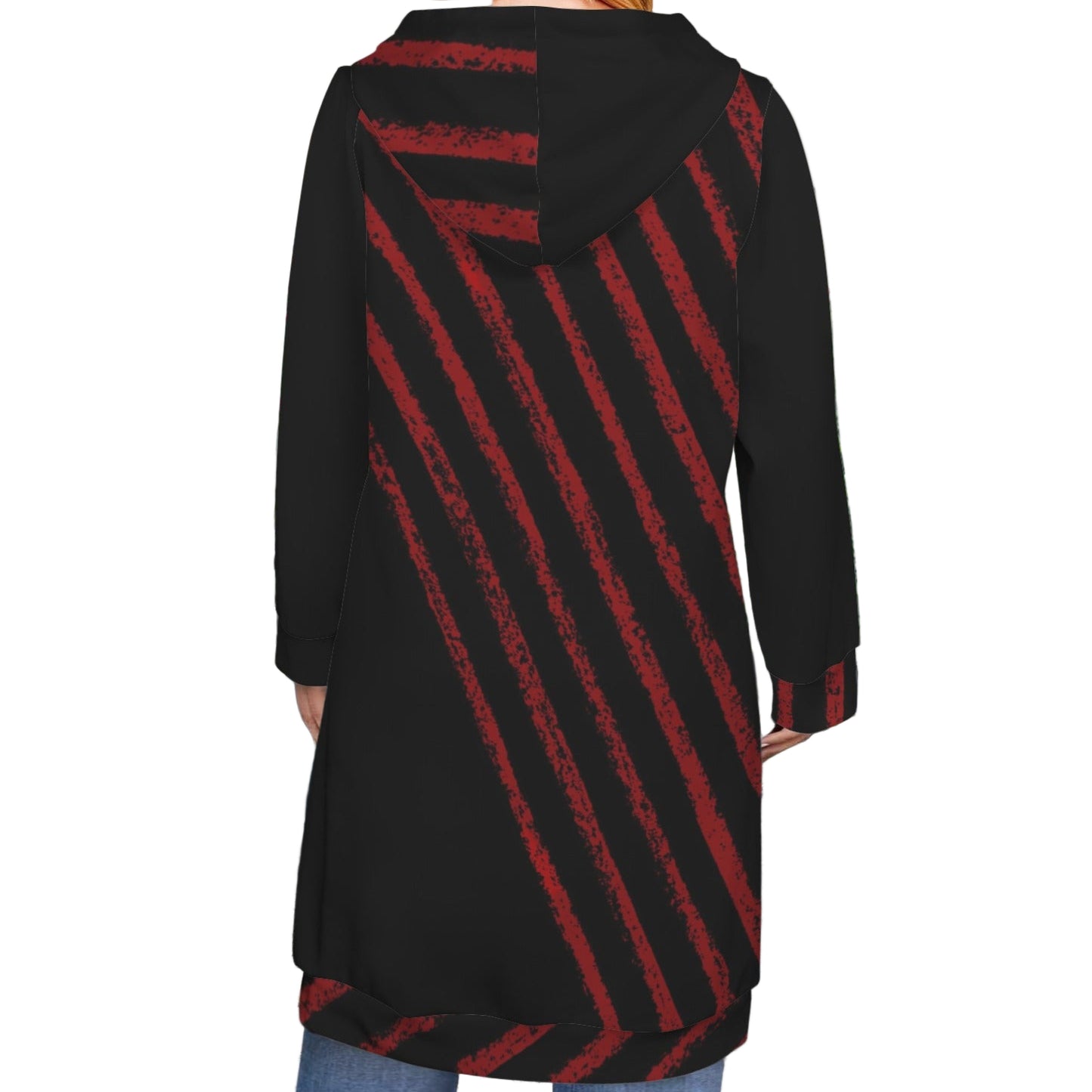 ANTIBrand extra‑length zip hoodie with Uncaged Heart red motif and stripes