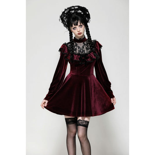 Dark in Love Verity Burgundy Velvet Dress with Black Gothic Lace - Kate's Clothing