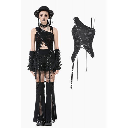 Dark in Love Morrigan One-Shoulder Lace Goth Top in Black