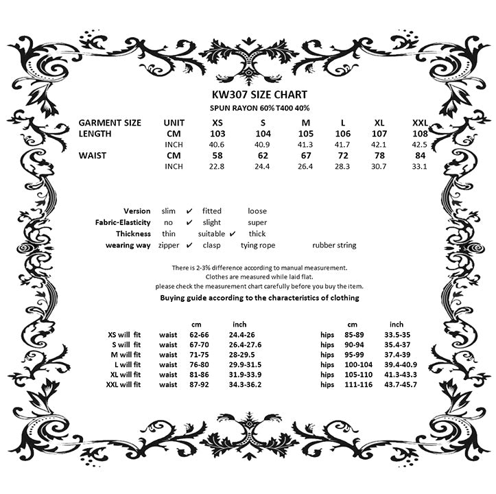 Dark in Love Delora high waist maxi skirt size chart with measurements for gothic pleated skirt