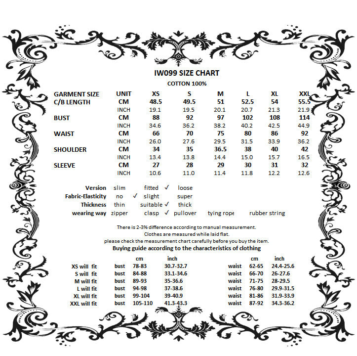 Dark in Love Druantia blouse size chart showing measurements for gothic cotton blouse