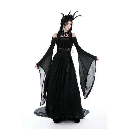 Dark in Love Mara long sleeve top front and back view black gothic mesh off shoulder top