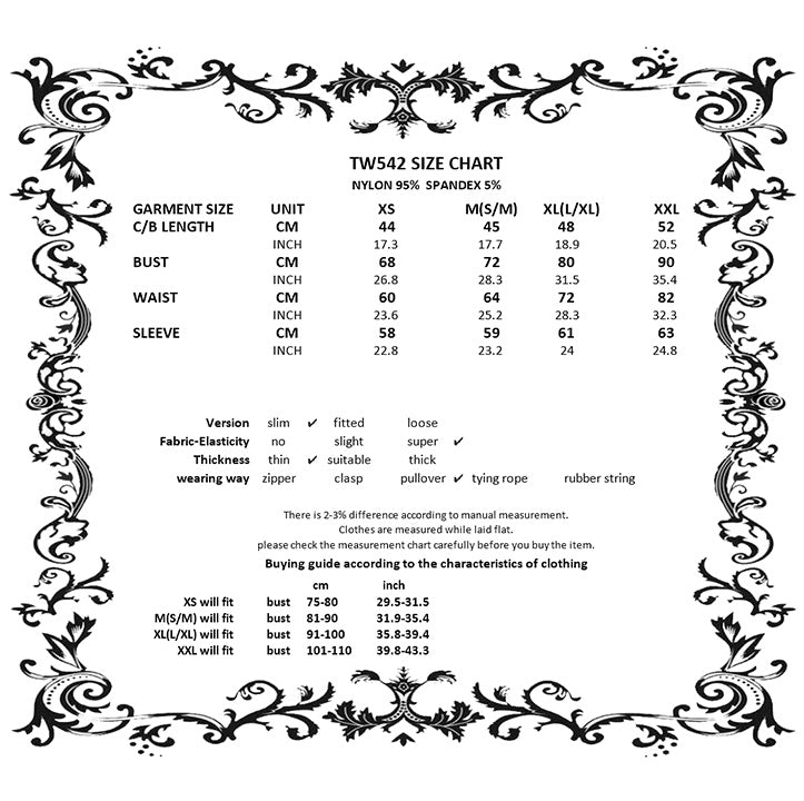 Dark in Love Mara long sleeve top size chart showing measurements for gothic mesh off shoulder top