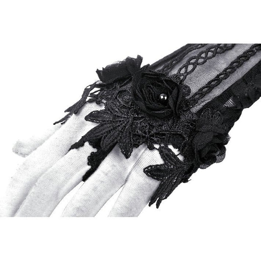 Dark in Love Ottilie black lace fingerless gloves pair with intricate gothic embroidery