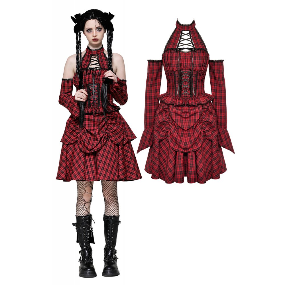 Dark in Love Rosalind Black and Red Tartan Cold Shoulder Halterneck Dress - Kate's Clothing